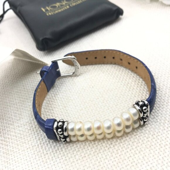 Vintage QVC Honora Double Row Pearl Blue Genuine Leather Buckle Bracelet - Picture 4 of 10